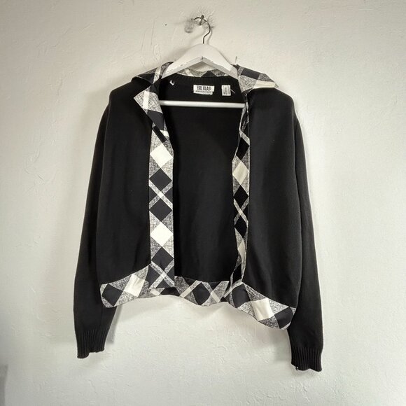 Bill Blass Womens Black White Diamond Check Cropped Knit Cardigan Sweater Small - Picture 1 of 7